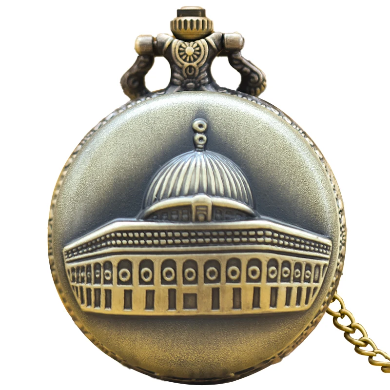 Vintage Bronze Clamshell Simple Carved Islamic Palace Necklace Quartz Pocket Watch Gift For Male And Female Students