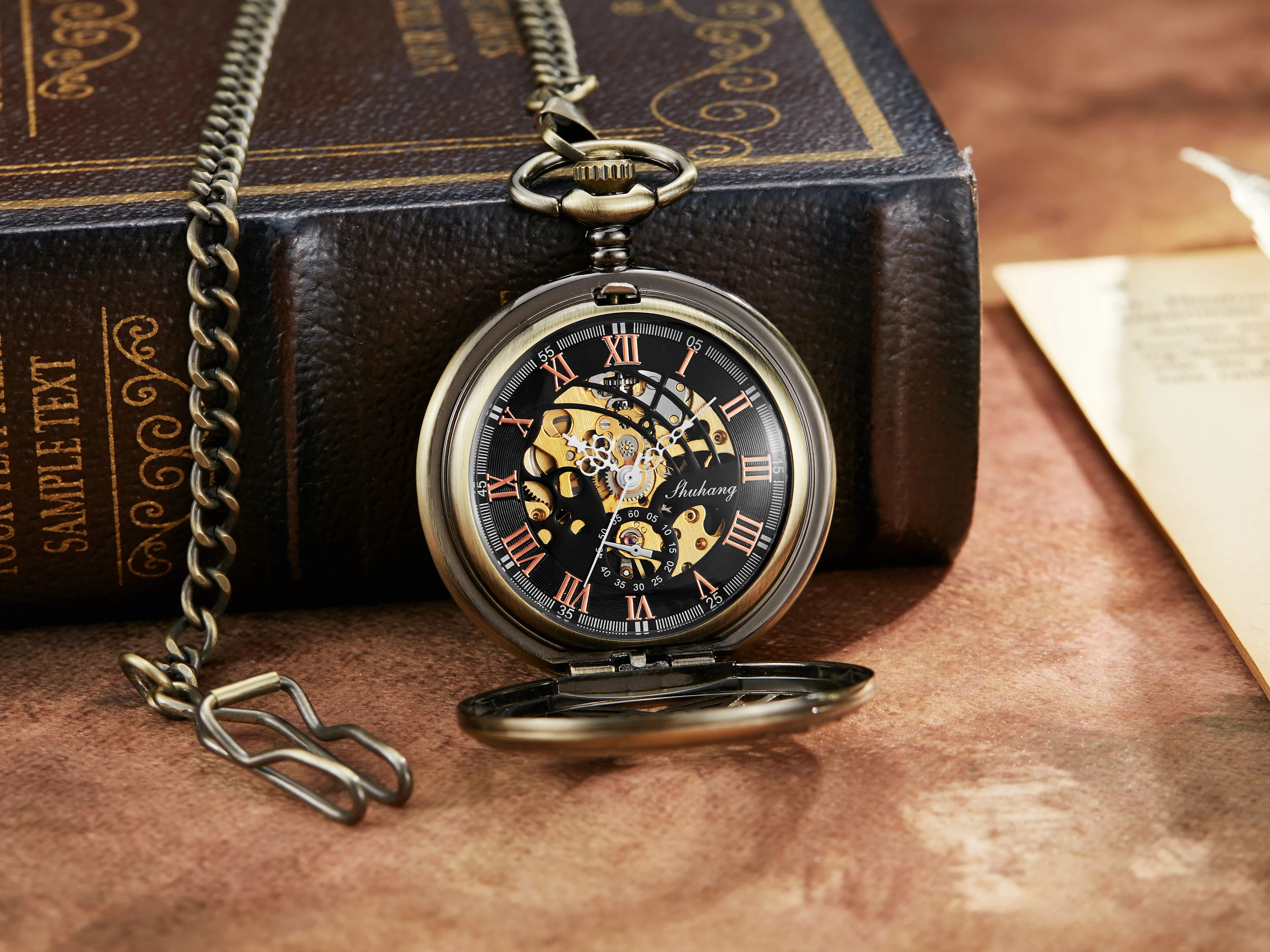 Luxury Golden Love Wings Mechanical Pocket Watch Men Women Necklace Pendant Unique Hollow Design Skull Double Sided Chain