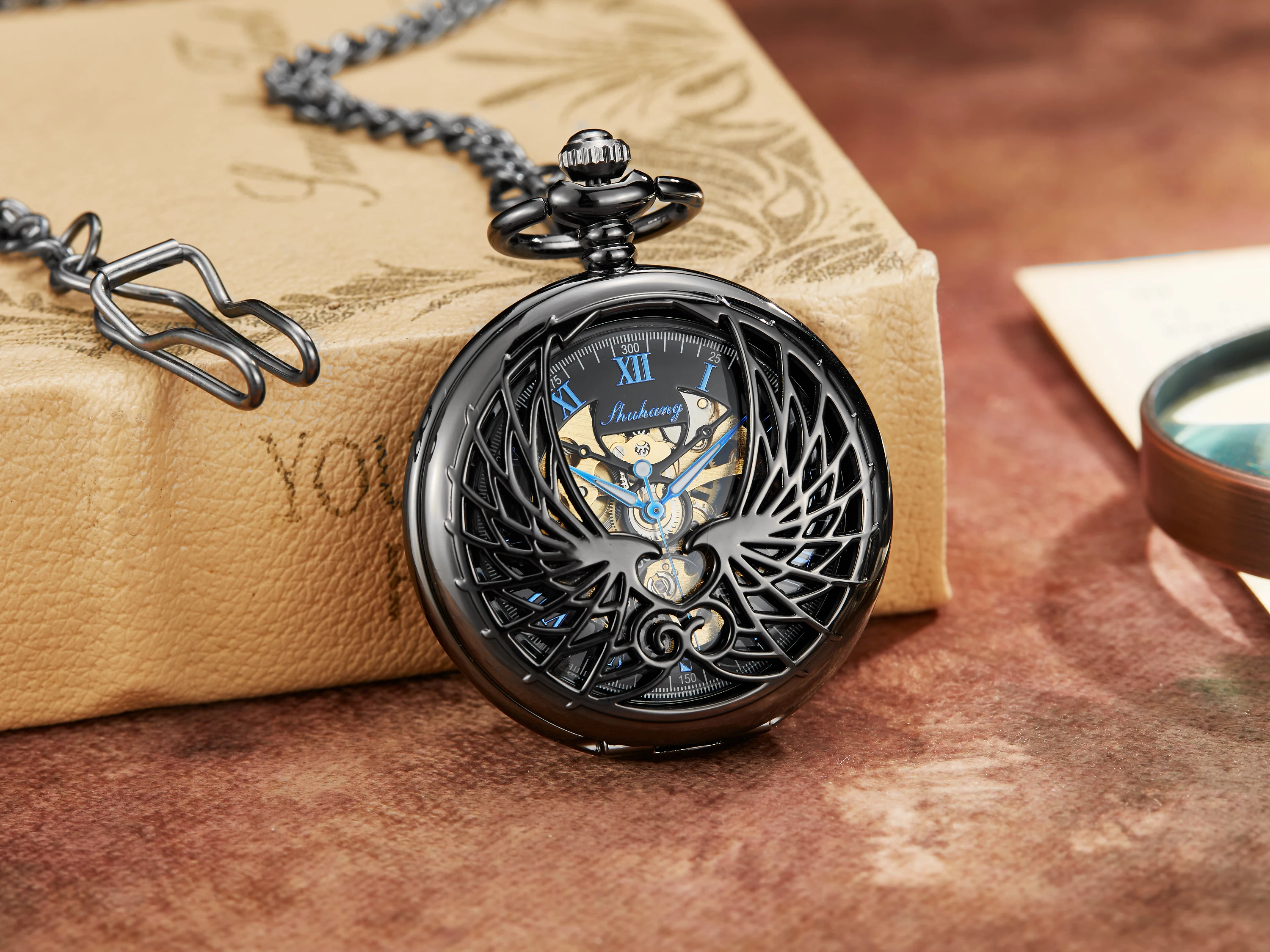 Luxury Golden Love Wings Mechanical Pocket Watch Men Women Necklace Pendant Unique Hollow Design Skull Double Sided Chain