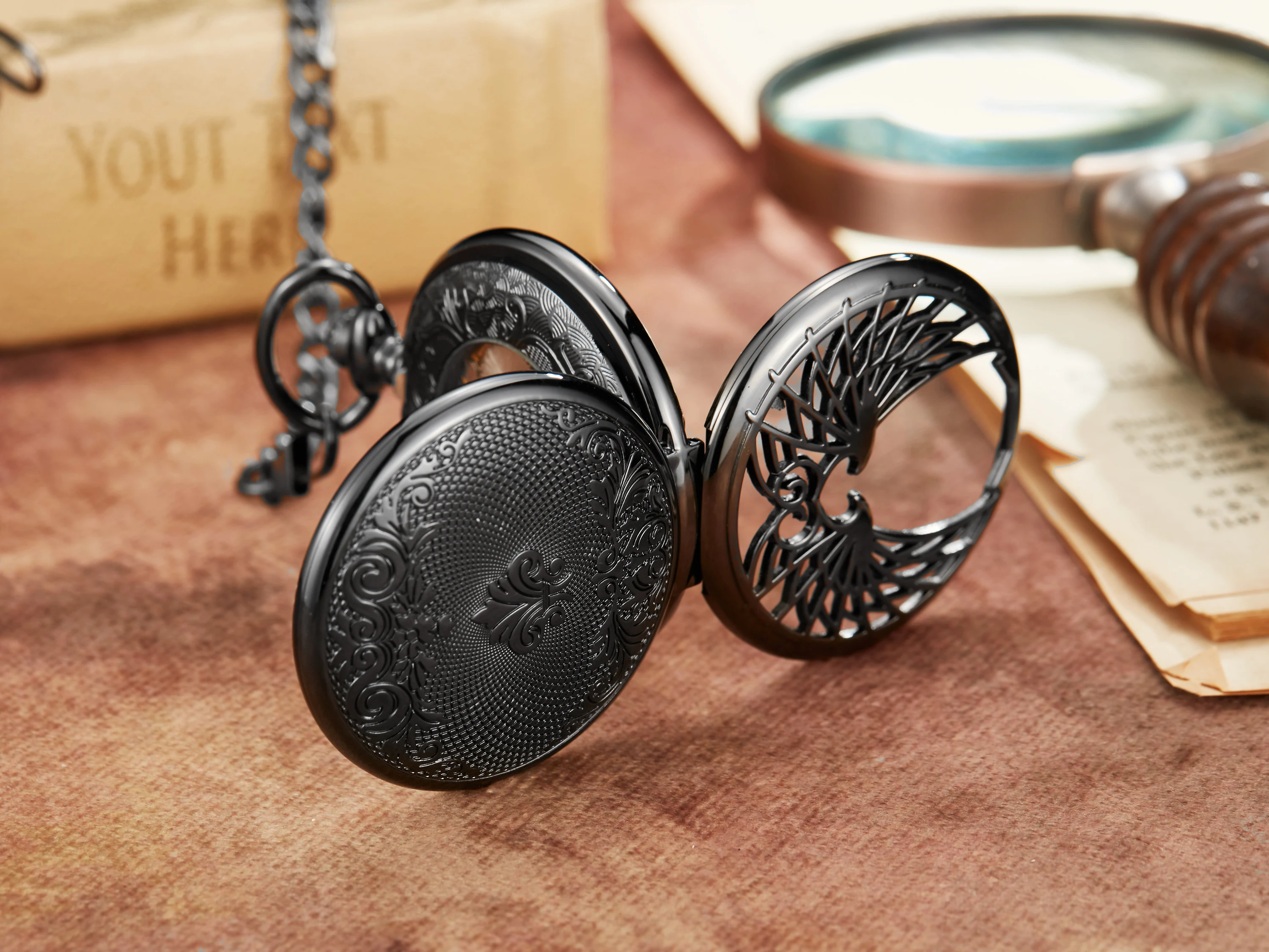 Luxury Golden Love Wings Mechanical Pocket Watch Men Women Necklace Pendant Unique Hollow Design Skull Double Sided Chain