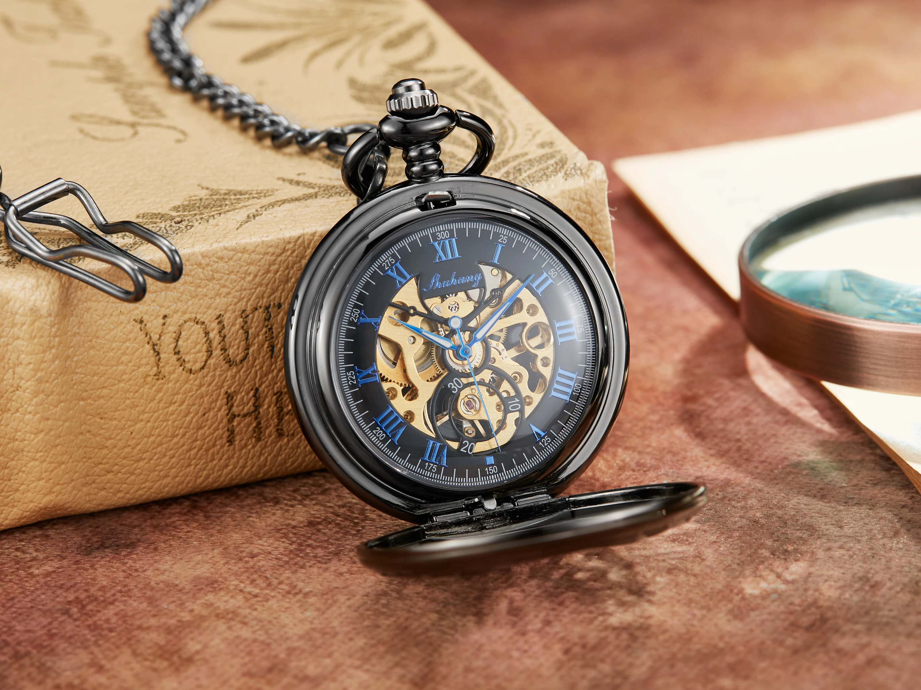 Luxury Golden Love Wings Mechanical Pocket Watch Men Women Necklace Pendant Unique Hollow Design Skull Double Sided Chain