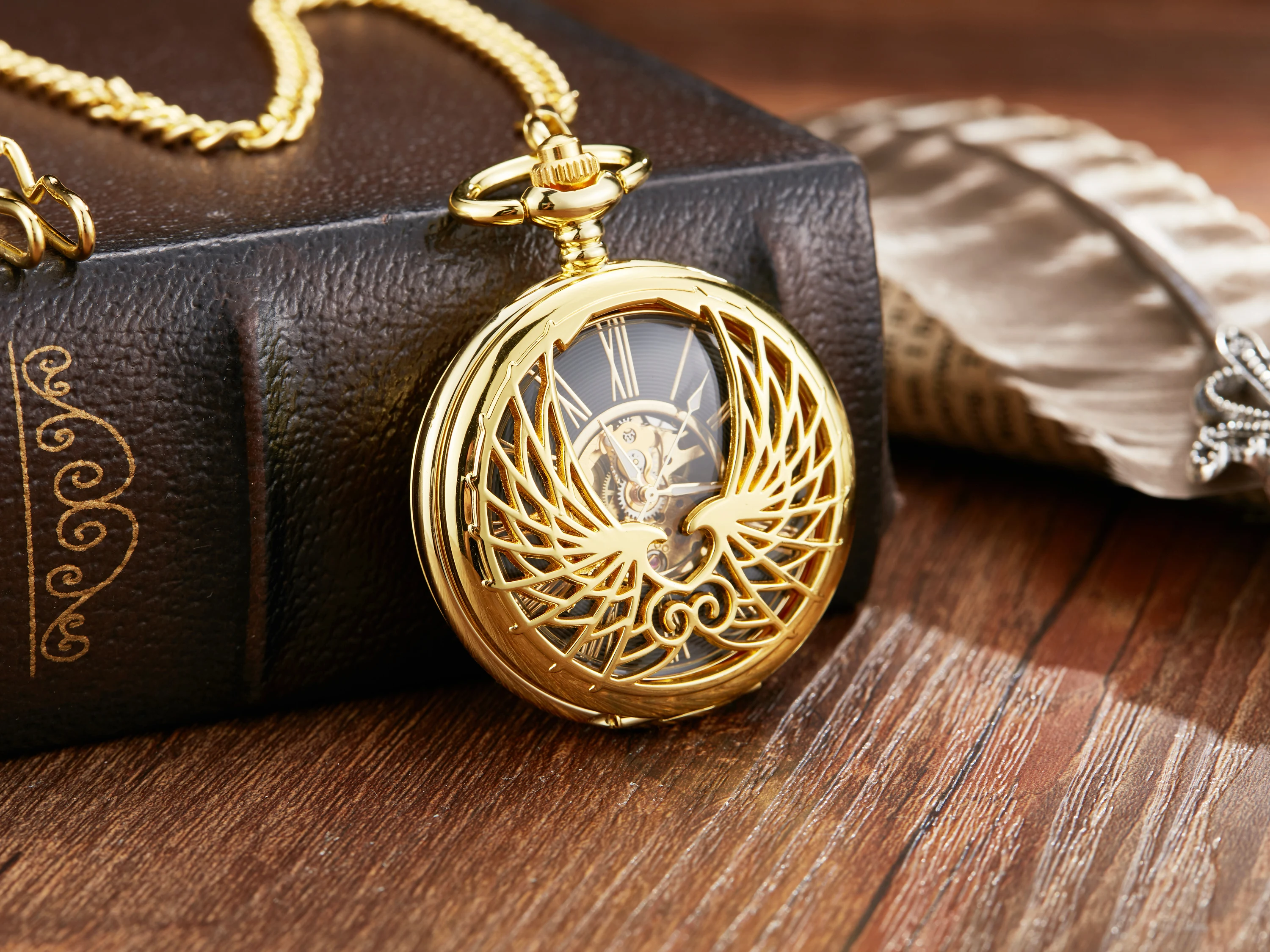 Luxury Golden Love Wings Mechanical Pocket Watch Men Women Necklace Pendant Unique Hollow Design Skull Double Sided Chain