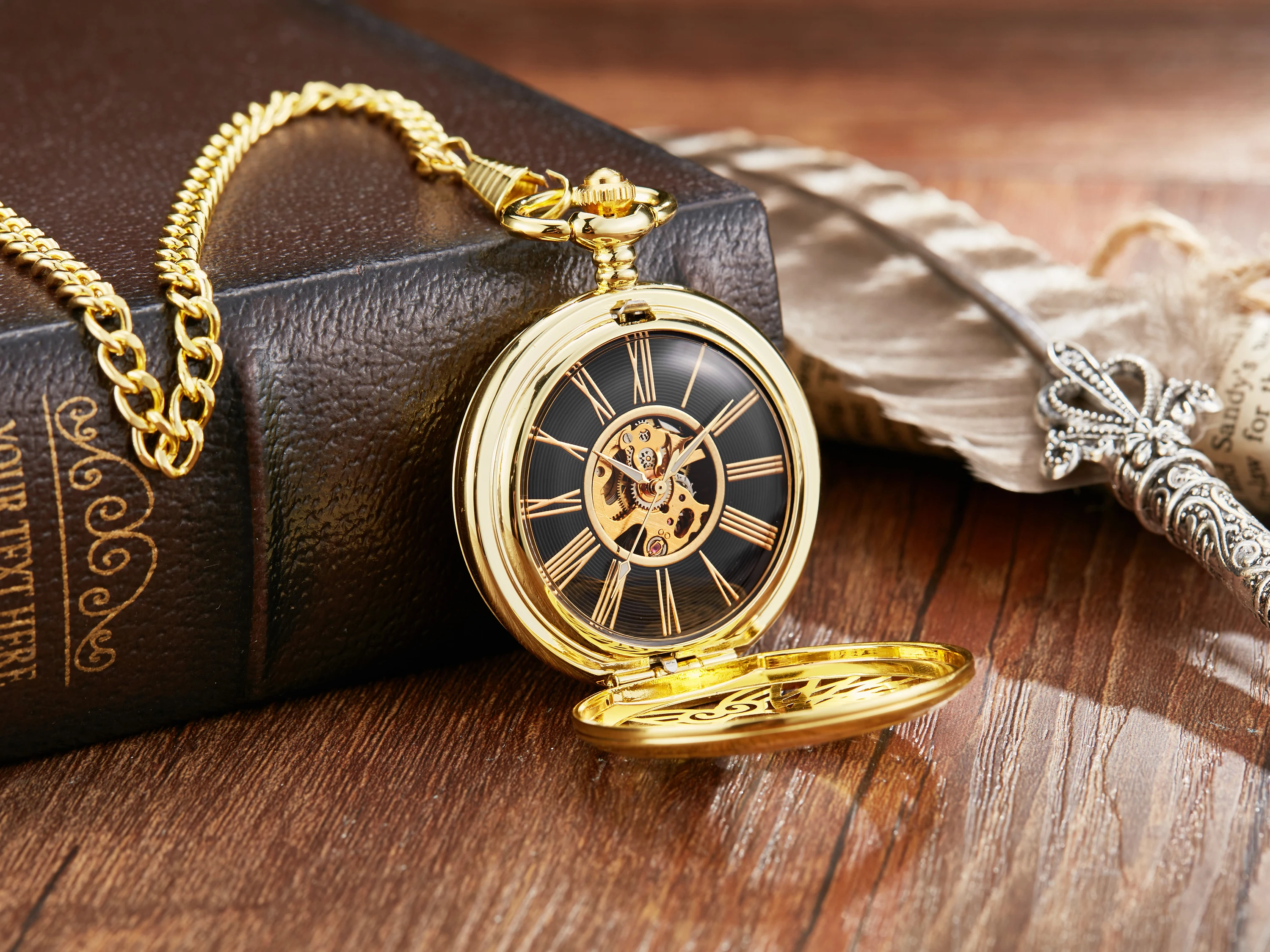 Luxury Golden Love Wings Mechanical Pocket Watch Men Women Necklace Pendant Unique Hollow Design Skull Double Sided Chain