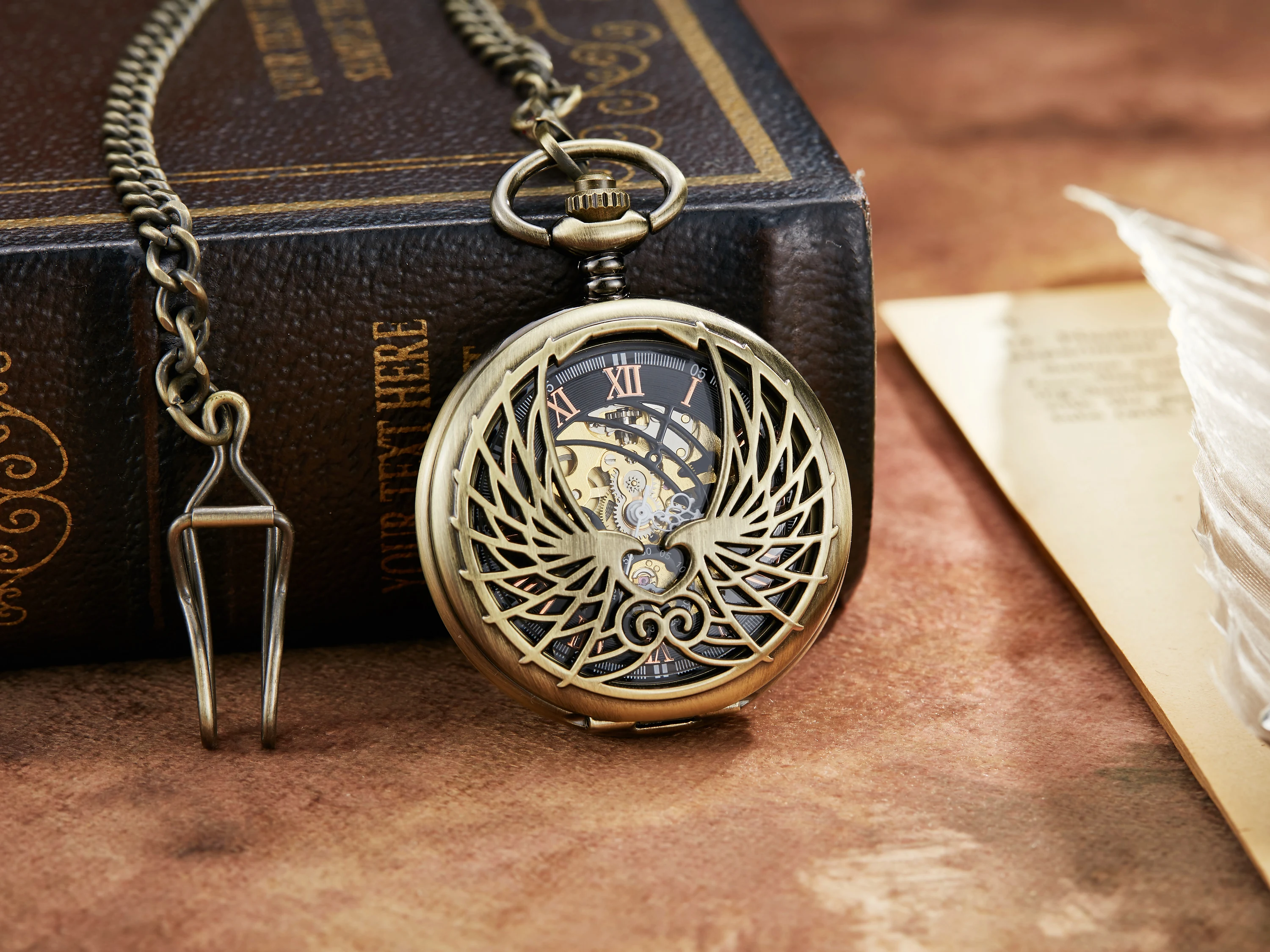 Luxury Golden Love Wings Mechanical Pocket Watch Men Women Necklace Pendant Unique Hollow Design Skull Double Sided Chain