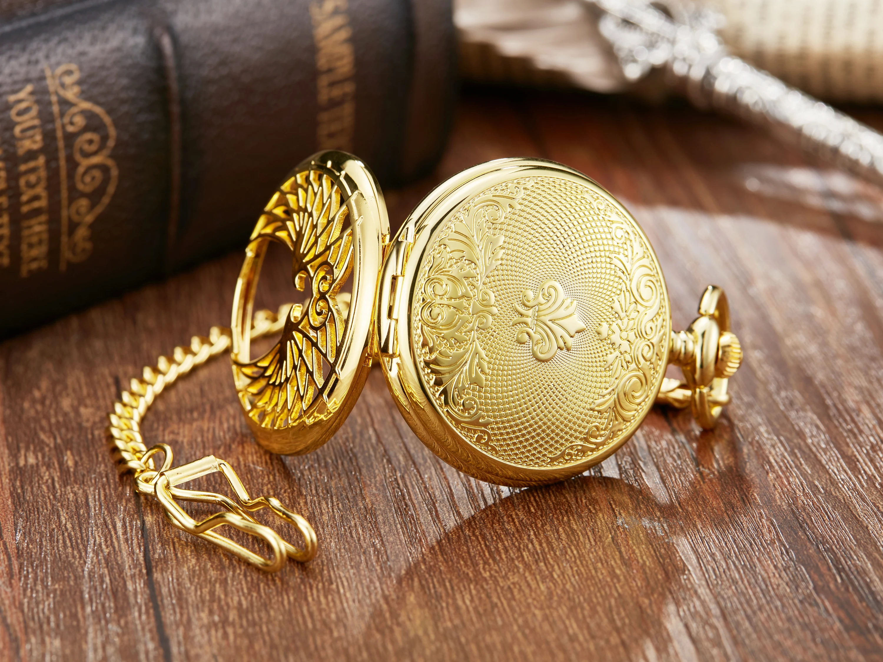 Luxury Golden Love Wings Mechanical Pocket Watch Men Women Necklace Pendant Unique Hollow Design Skull Double Sided Chain