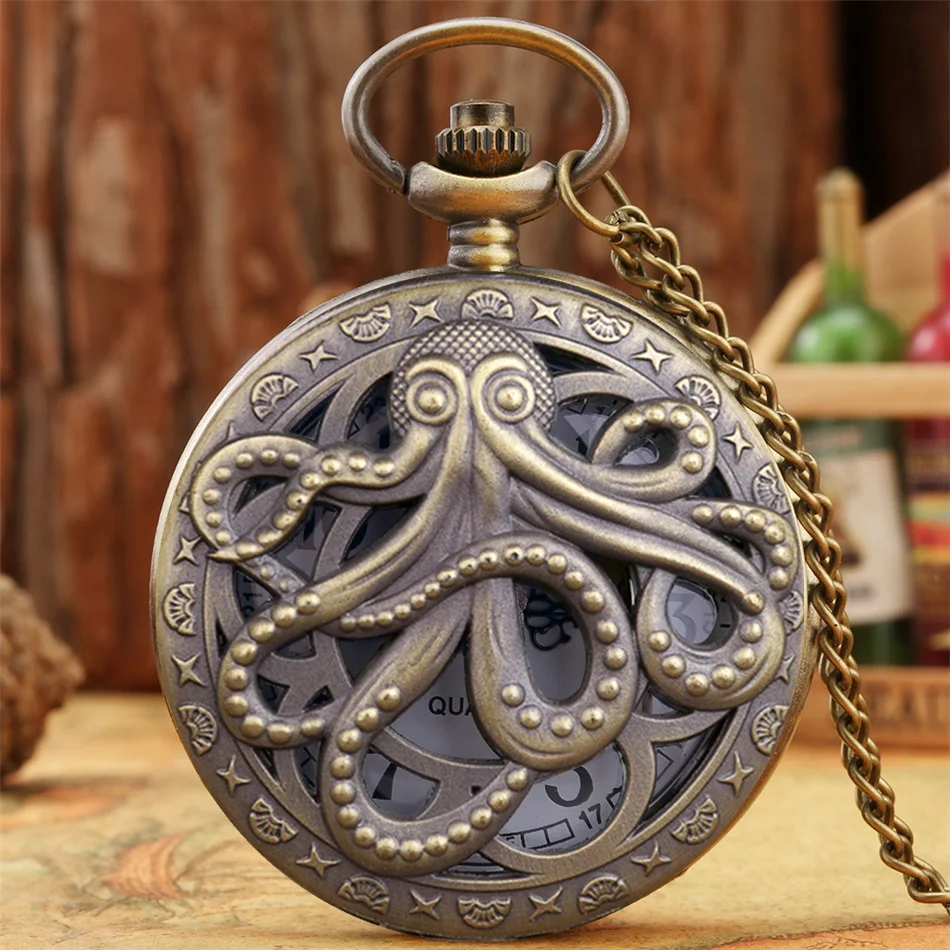 Vintage Hollow Black Bronze Octopus Quartz Pocket Watch with Necklace Chain Gift for Male Women Chronograph Hombre Relojes