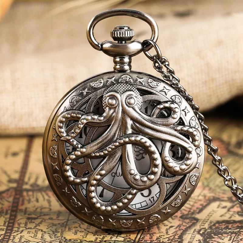 Vintage Hollow Black Bronze Octopus Quartz Pocket Watch with Necklace Chain Gift for Male Women Chronograph Hombre Relojes