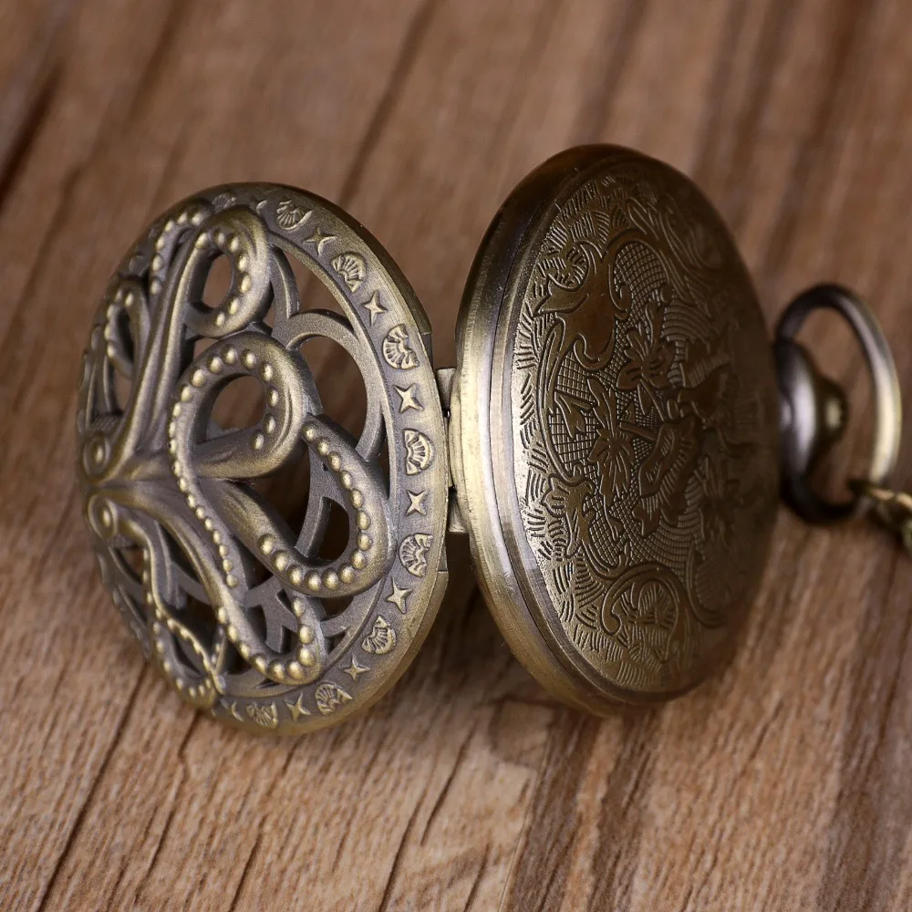 Vintage Hollow Black Bronze Octopus Quartz Pocket Watch with Necklace Chain Gift for Male Women Chronograph Hombre Relojes