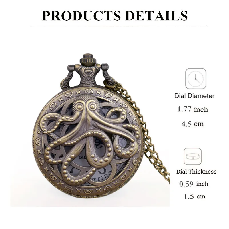 Vintage Hollow Black Bronze Octopus Quartz Pocket Watch with Necklace Chain Gift for Male Women Chronograph Hombre Relojes