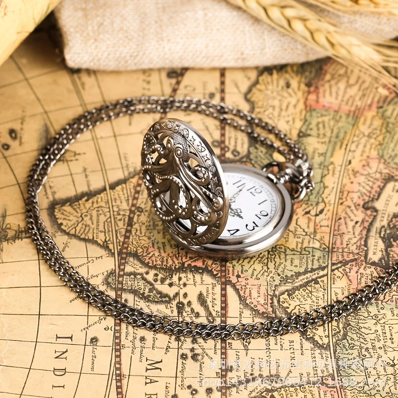 Vintage Hollow Black Bronze Octopus Quartz Pocket Watch with Necklace Chain Gift for Male Women Chronograph Hombre Relojes