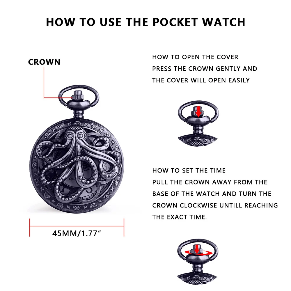 Vintage Hollow Black Bronze Octopus Quartz Pocket Watch with Necklace Chain Gift for Male Women Chronograph Hombre Relojes