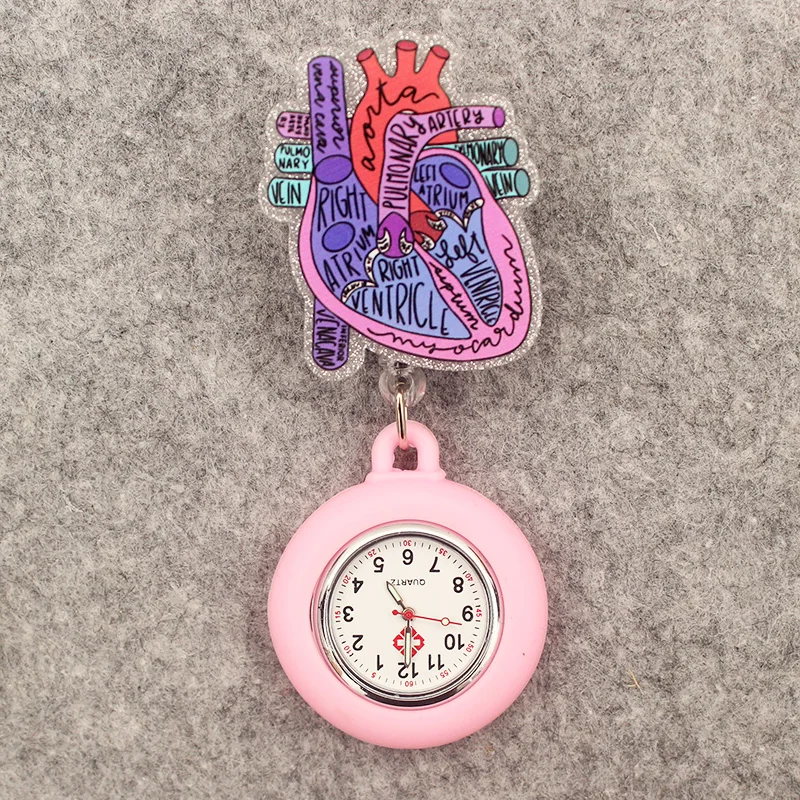 Glitter Acrylic Hospital Acrylic Pink Heart Stethoscope Lovely Nurse Doctor Alligator Clip Pocket Watches Medical Hang Clock