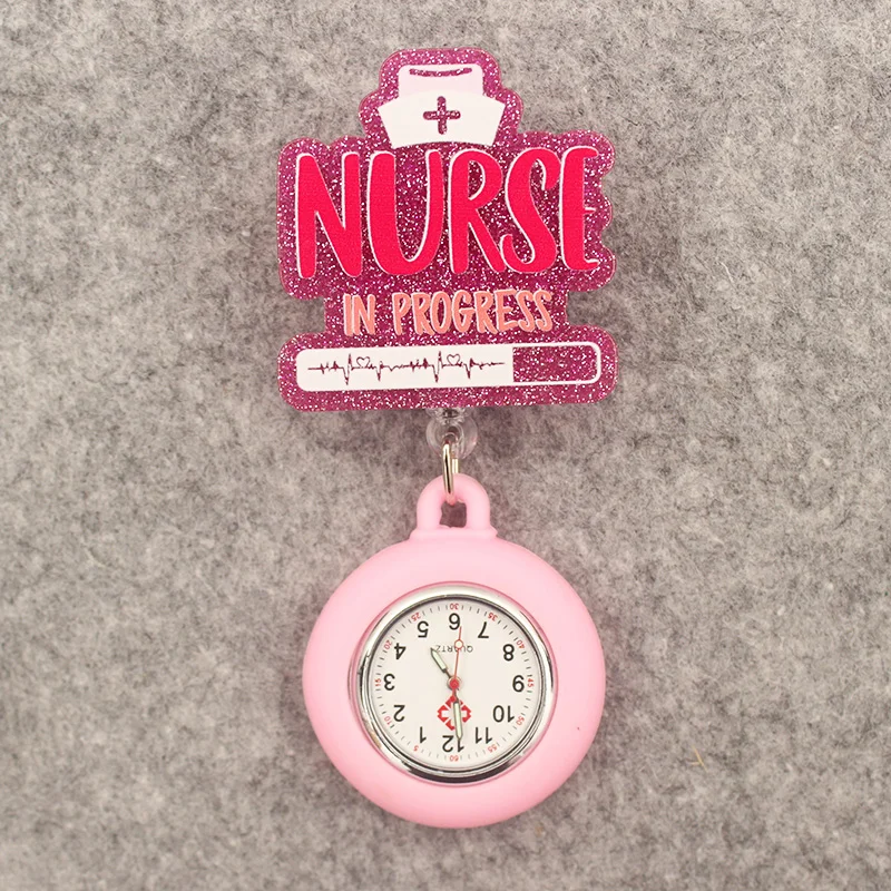 Glitter Acrylic Hospital Acrylic Pink Heart Stethoscope Lovely Nurse Doctor Alligator Clip Pocket Watches Medical Hang Clock