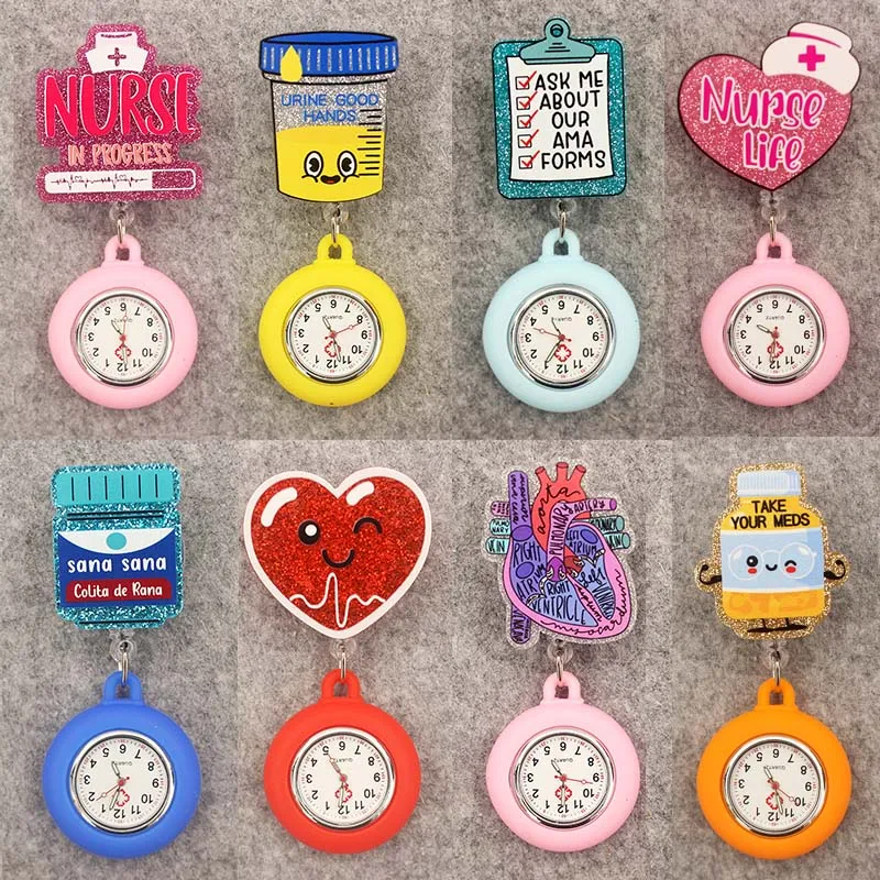 Glitter Acrylic Hospital Acrylic Pink Heart Stethoscope Lovely Nurse Doctor Alligator Clip Pocket Watches Medical Hang Clock