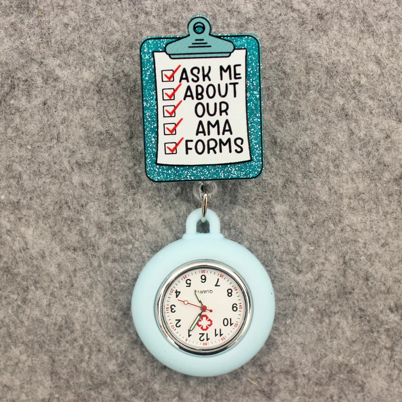 Glitter Acrylic Hospital Acrylic Pink Heart Stethoscope Lovely Nurse Doctor Alligator Clip Pocket Watches Medical Hang Clock