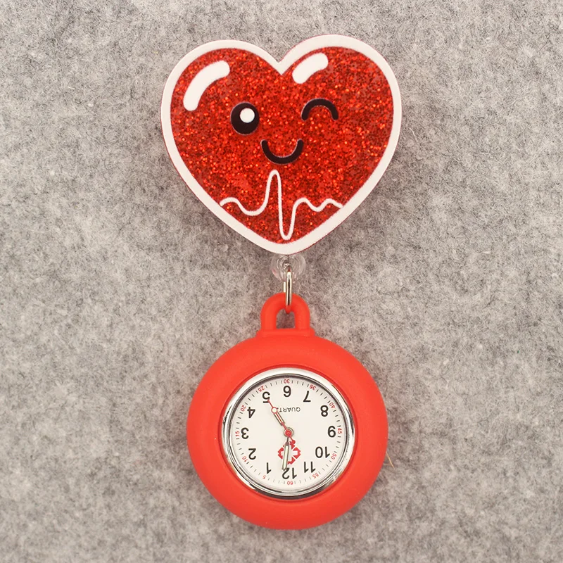 Glitter Acrylic Hospital Acrylic Pink Heart Stethoscope Lovely Nurse Doctor Alligator Clip Pocket Watches Medical Hang Clock