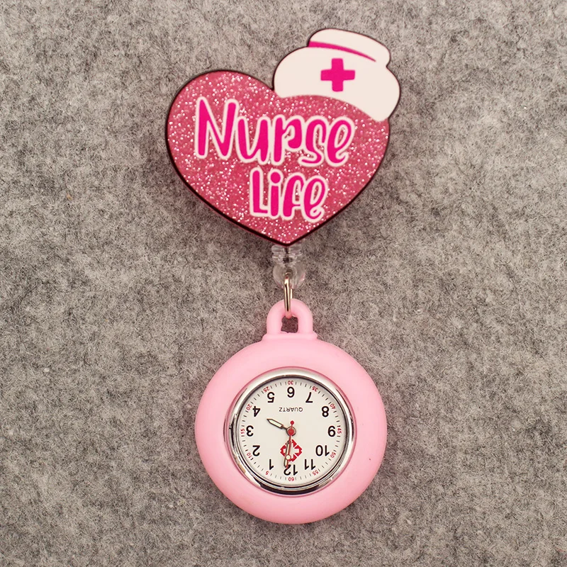 Glitter Acrylic Hospital Acrylic Pink Heart Stethoscope Lovely Nurse Doctor Alligator Clip Pocket Watches Medical Hang Clock