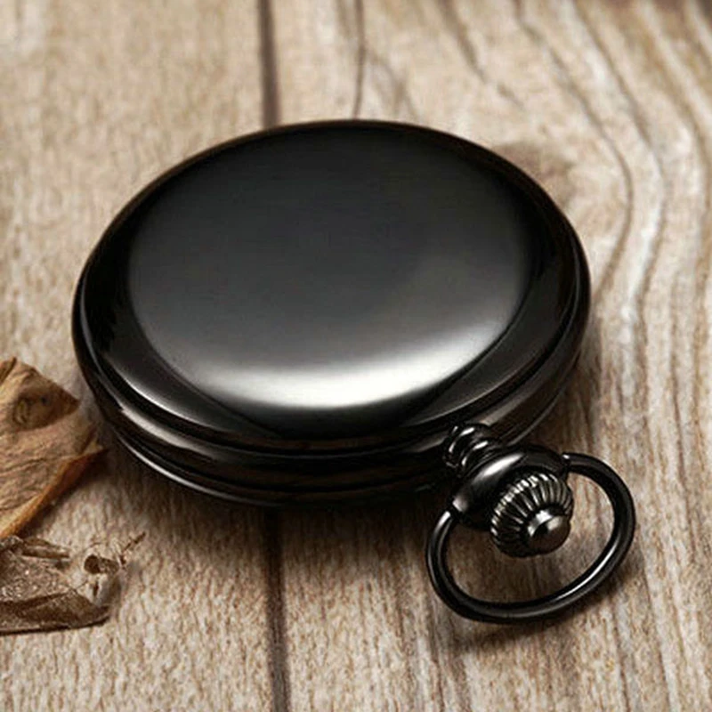 Retro Black Fashion Silver Smooth Steampunk Quartz Pocket Watch Stainless Steel Pendant 30CM Chain Gift Box for Men Women friend