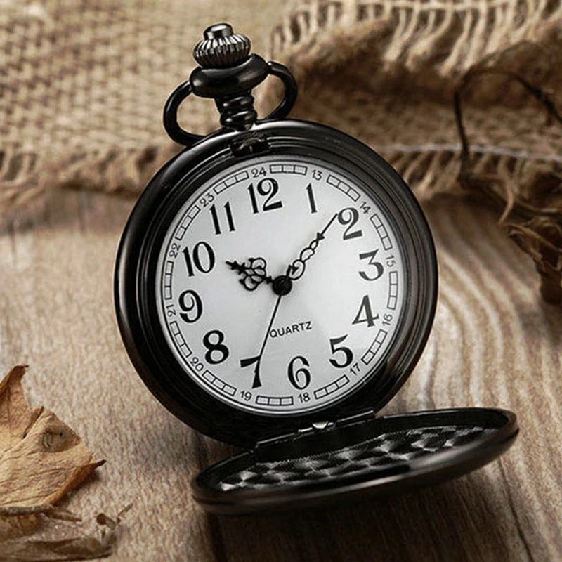 Retro Black Fashion Silver Smooth Steampunk Quartz Pocket Watch Stainless Steel Pendant 30CM Chain Gift Box for Men Women friend