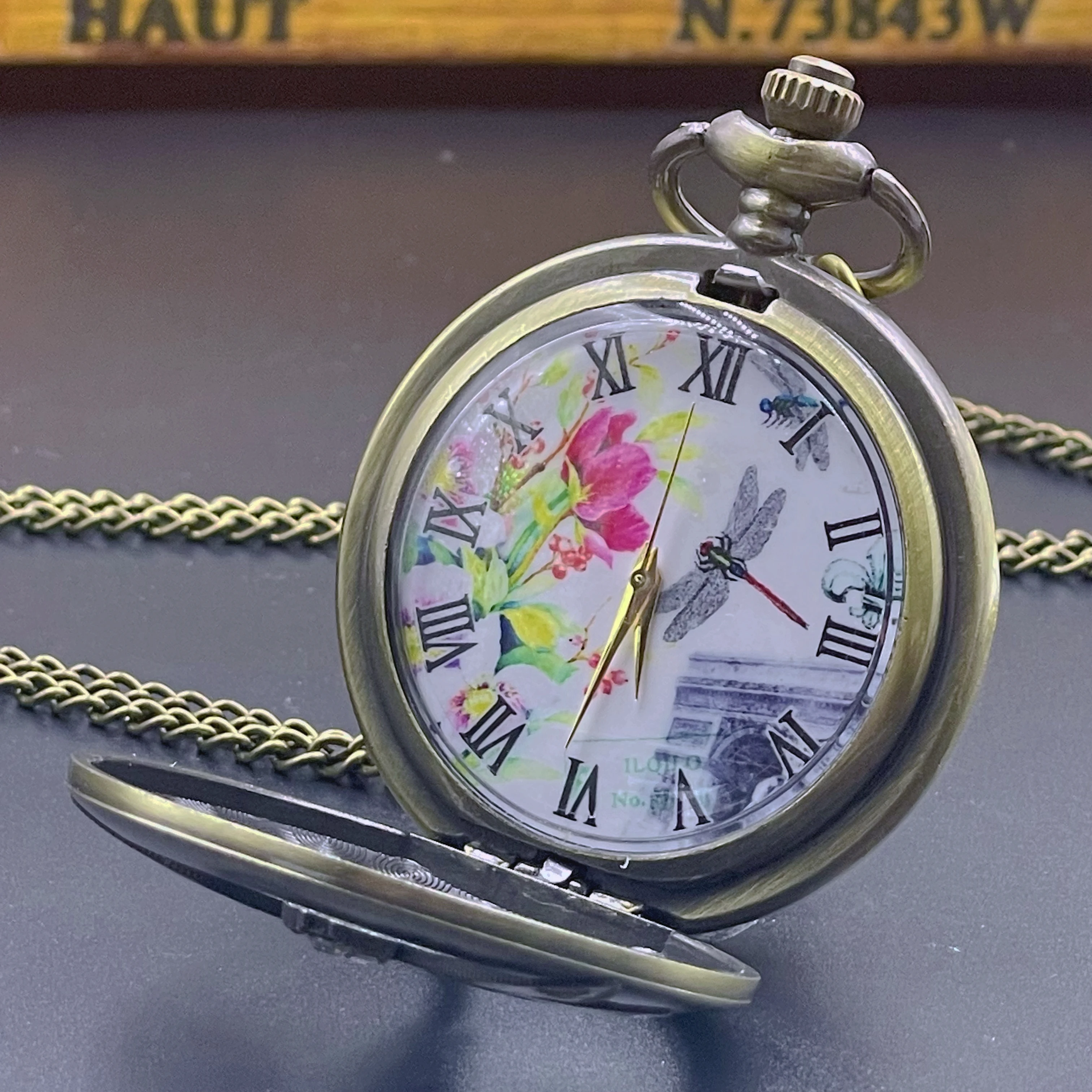 Fashion 3D Cutout Mosaic Brick Dragonfly Quartz Pocket Watch Girls Elegant Sweater Necklace