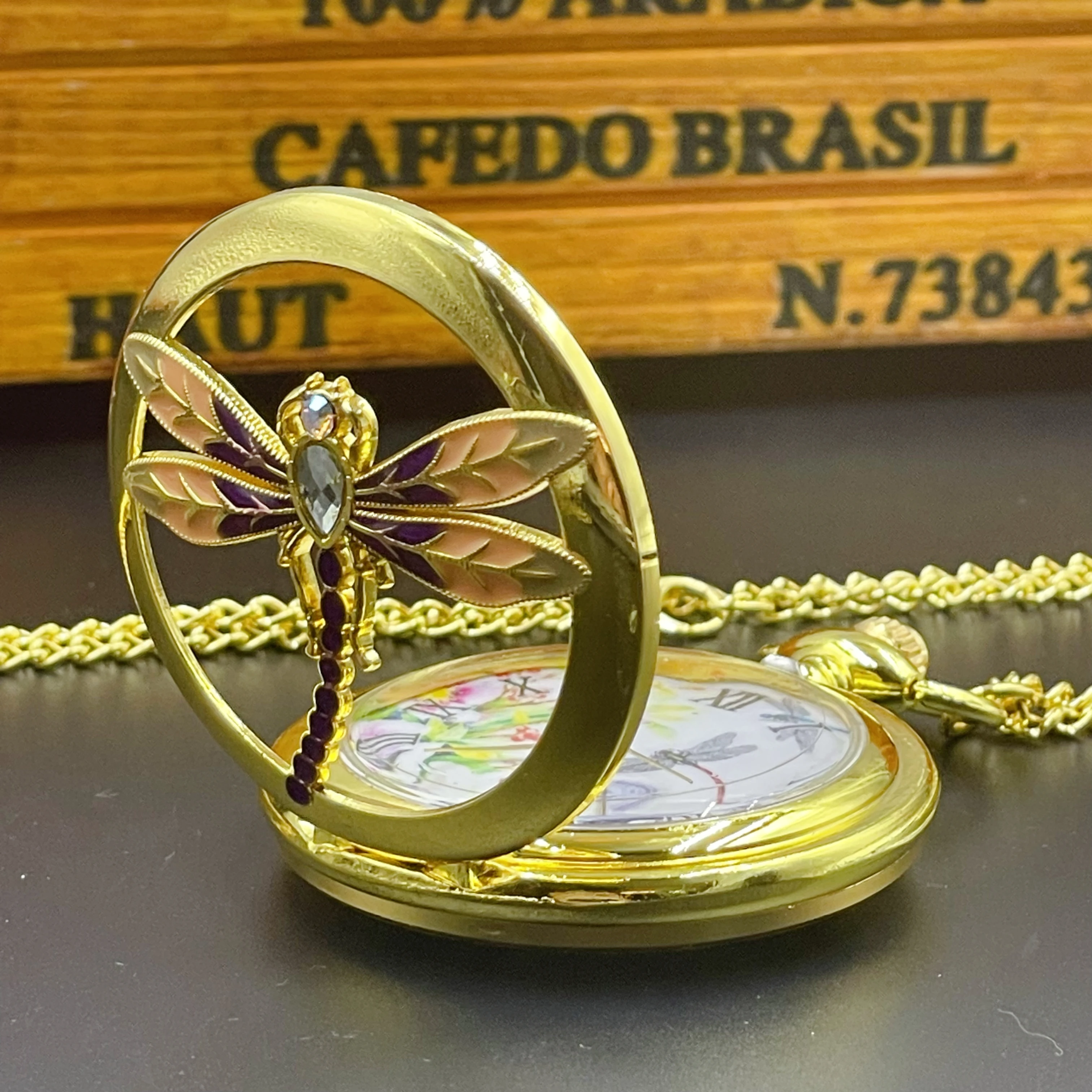 Fashion 3D Cutout Mosaic Brick Dragonfly Quartz Pocket Watch Girls Elegant Sweater Necklace