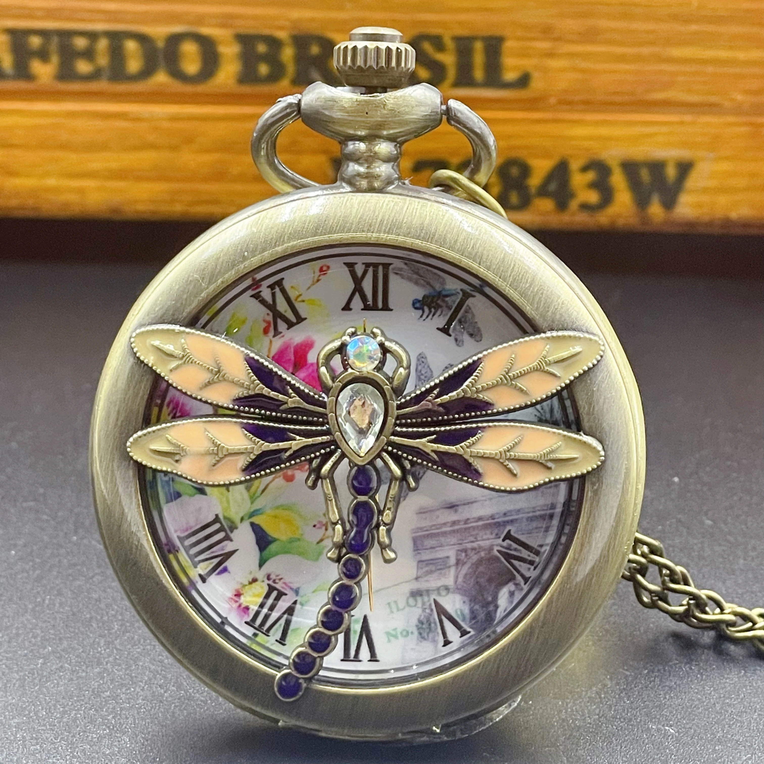 Fashion 3D Cutout Mosaic Brick Dragonfly Quartz Pocket Watch Girls Elegant Sweater Necklace