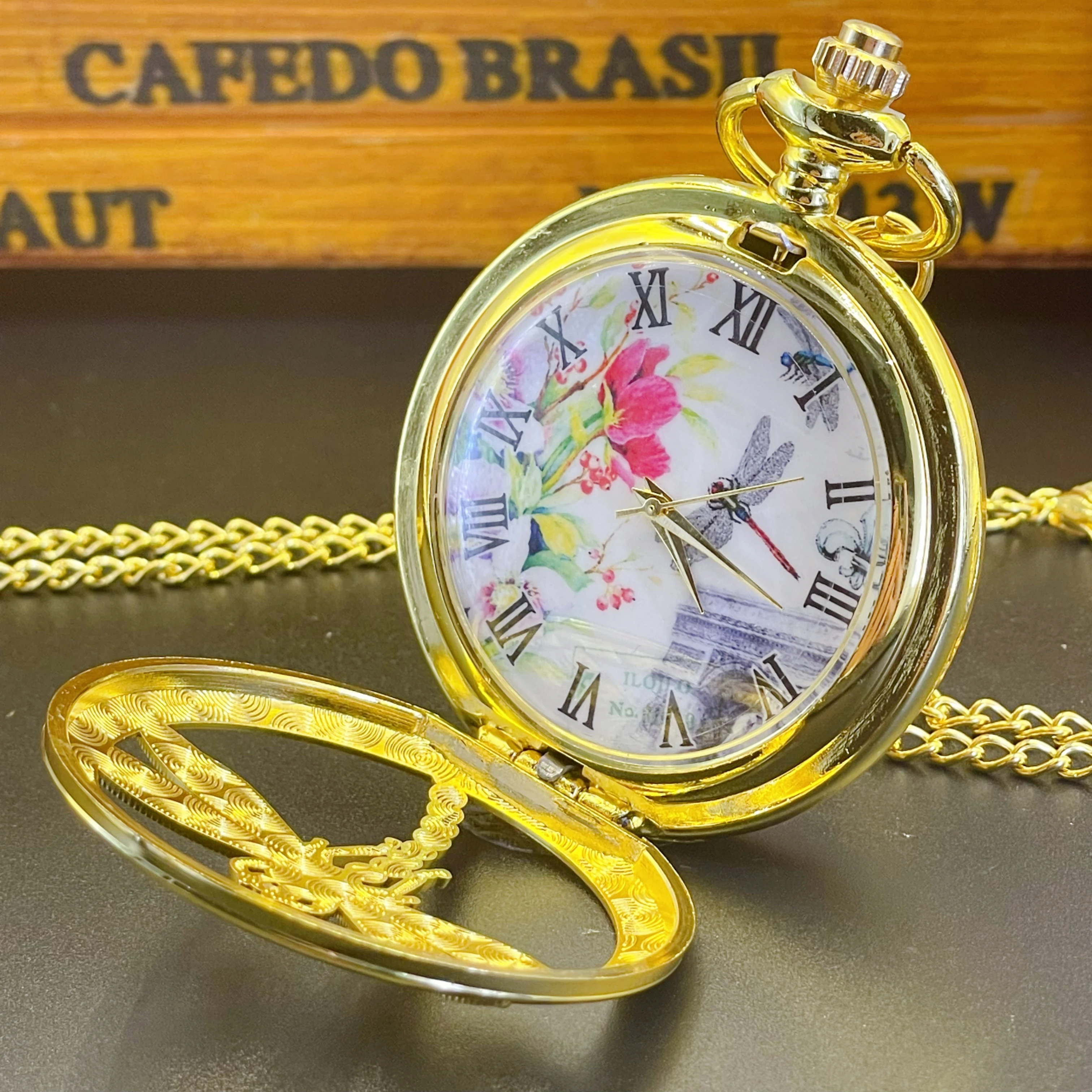 Fashion 3D Cutout Mosaic Brick Dragonfly Quartz Pocket Watch Girls Elegant Sweater Necklace