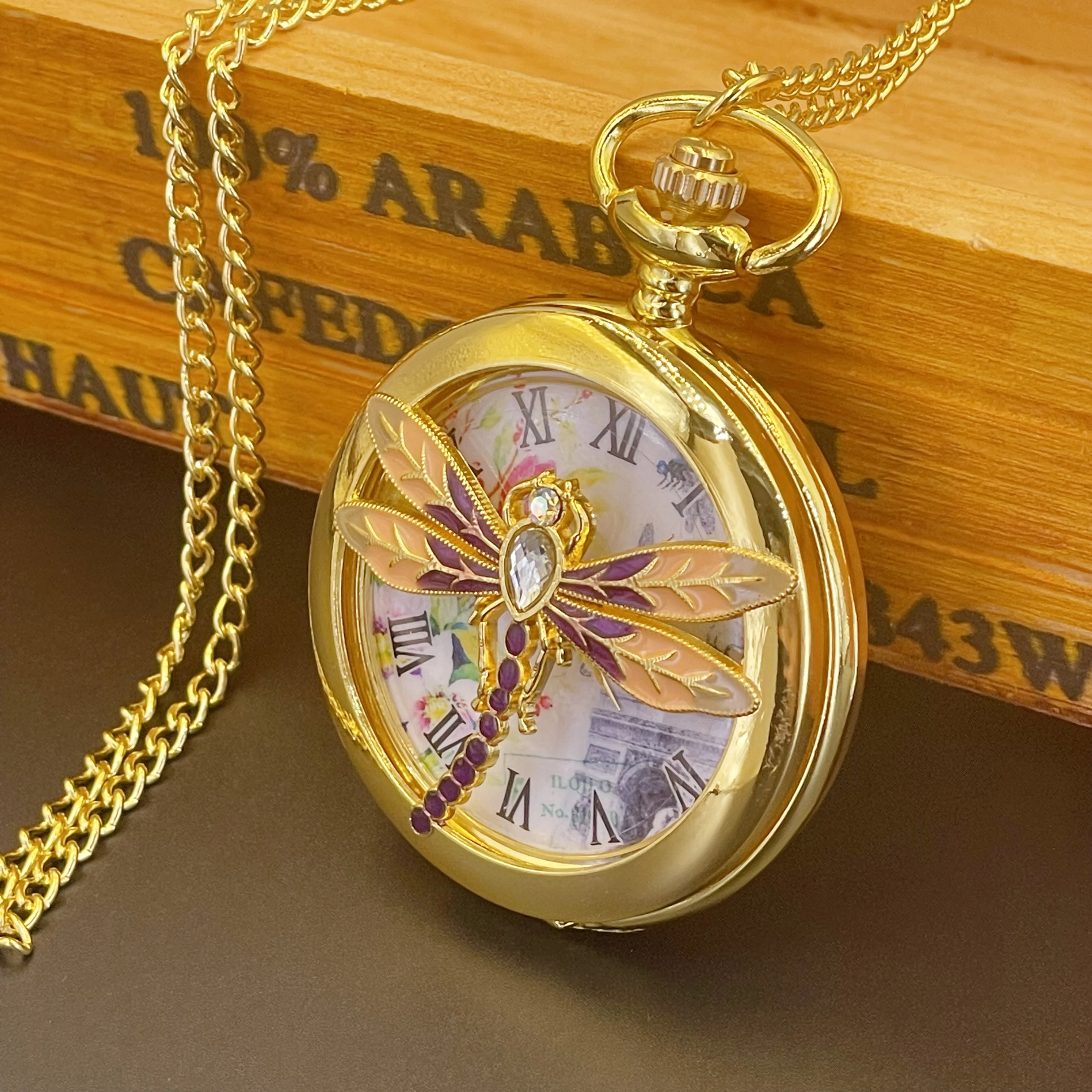 Fashion 3D Cutout Mosaic Brick Dragonfly Quartz Pocket Watch Girls Elegant Sweater Necklace