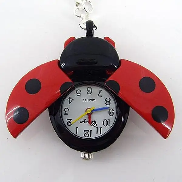 Wholesale Price 10pcs/Lot Red Ladybug Beetle Necklace Pendant Pocket Quartz Watch Chain Battery Included Gift GL02RT