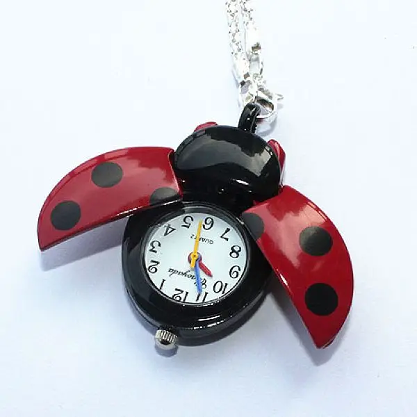 Wholesale Price 10pcs/Lot Red Ladybug Beetle Necklace Pendant Pocket Quartz Watch Chain Battery Included Gift GL02RT