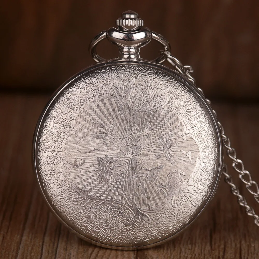 Silver Steel Wing Hollow Quartz Pocket Watch Retro Men Women Pendant Necklace Fob Watch