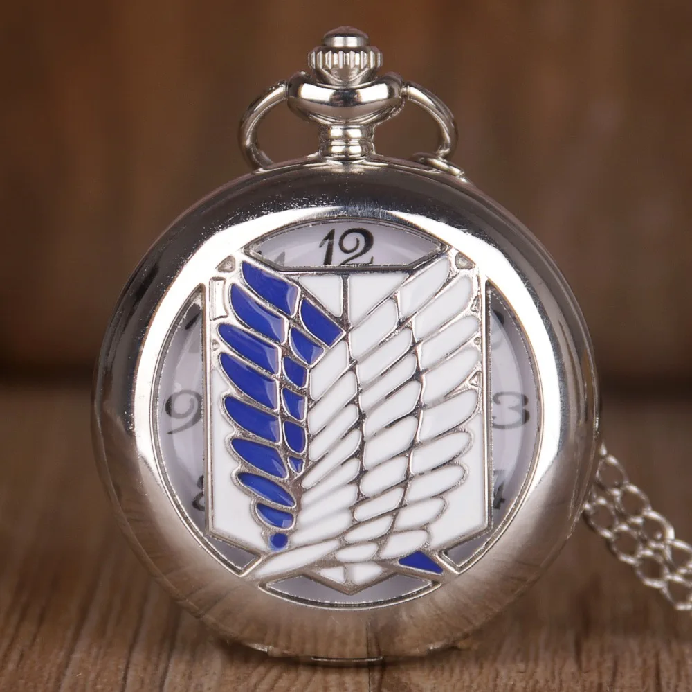 Silver Steel Wing Hollow Quartz Pocket Watch Retro Men Women Pendant Necklace Fob Watch