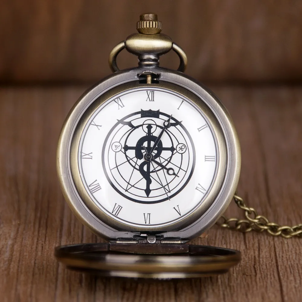 Antique FullMetal Alchemist Edward Elric Cosplay Quartz Pocket Watch with Pendant Necklace Men Women Fob Watch