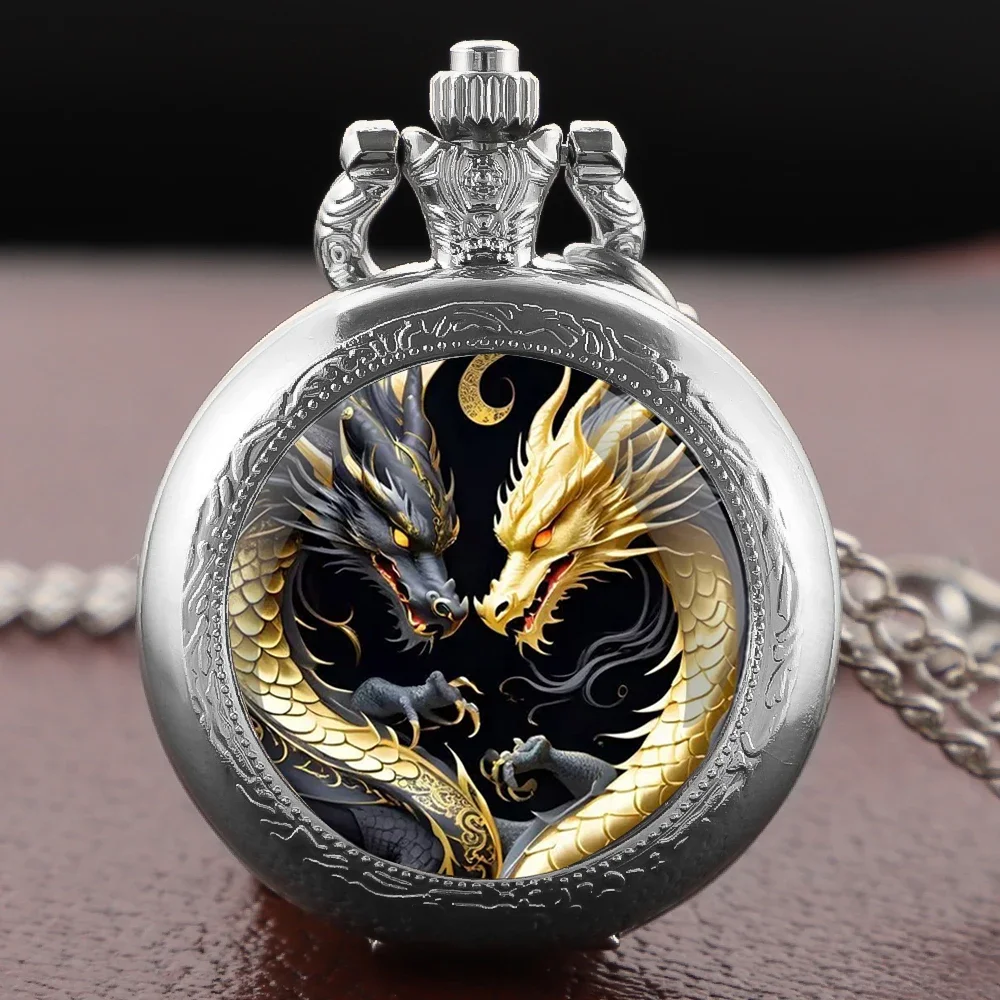 Yin Yang Design Dragons Glass Dome Vintage Quartz Pocket Watch Men Women Pendant Necklace Chain Clock Hours Watch Jewelry Gifts