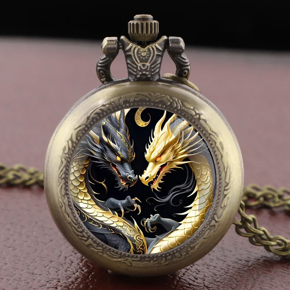Yin Yang Design Dragons Glass Dome Vintage Quartz Pocket Watch Men Women Pendant Necklace Chain Clock Hours Watch Jewelry Gifts