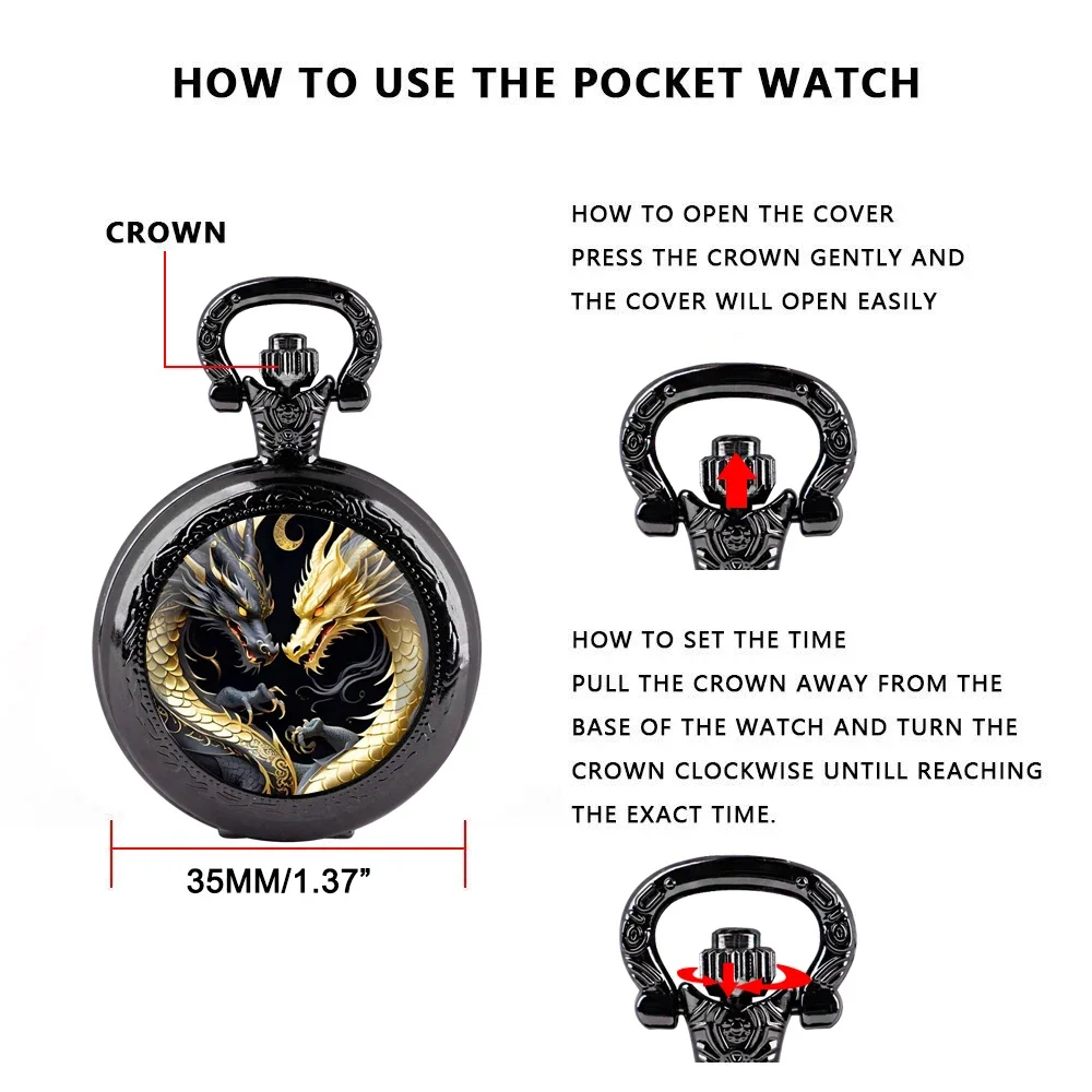 Yin Yang Design Dragons Glass Dome Vintage Quartz Pocket Watch Men Women Pendant Necklace Chain Clock Hours Watch Jewelry Gifts