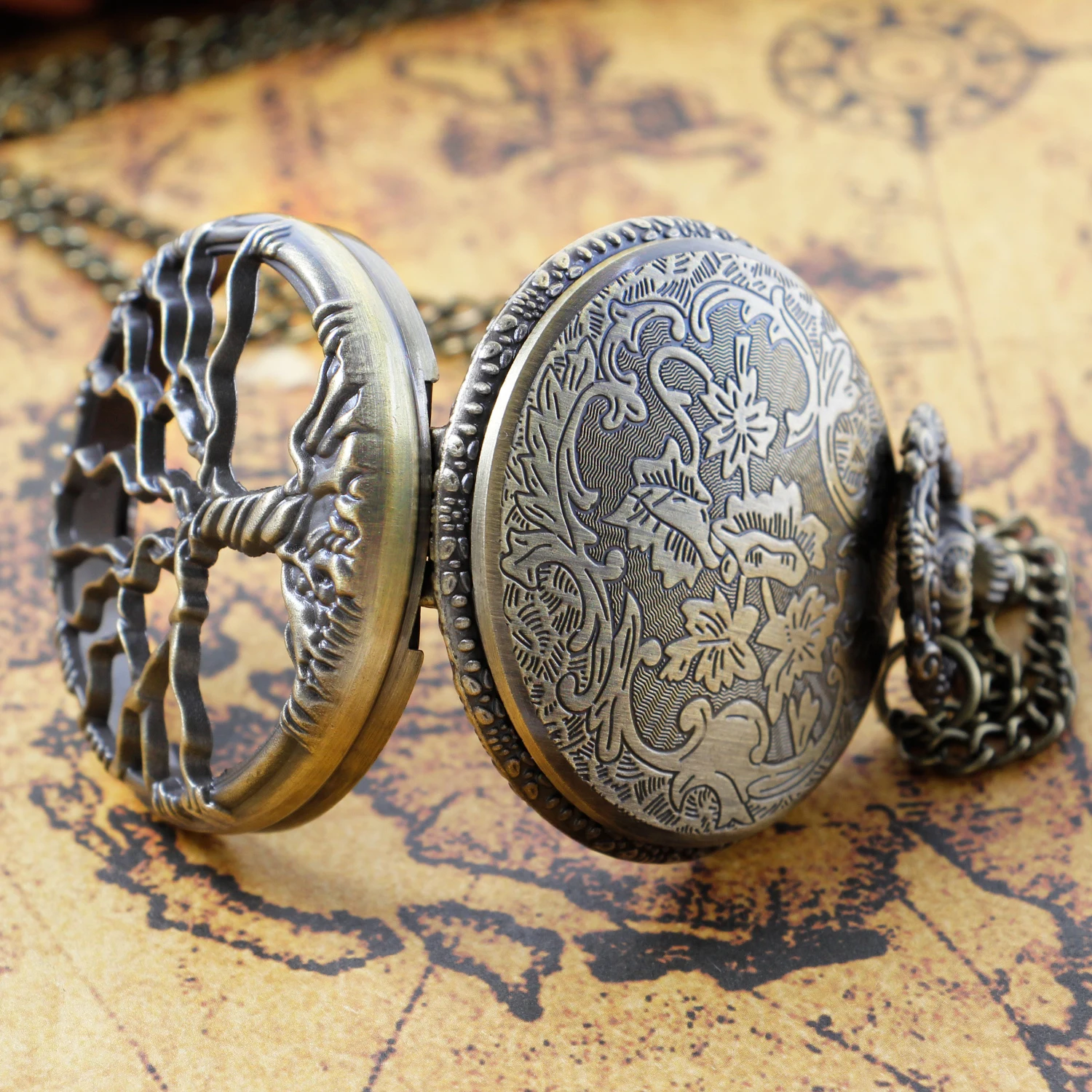 Steampunk Retro Bronze Hollow Tree of Life Quartz Pocket Watch with Fob Women's Watch Pendant Necklace Chain Men's Gift CF1088