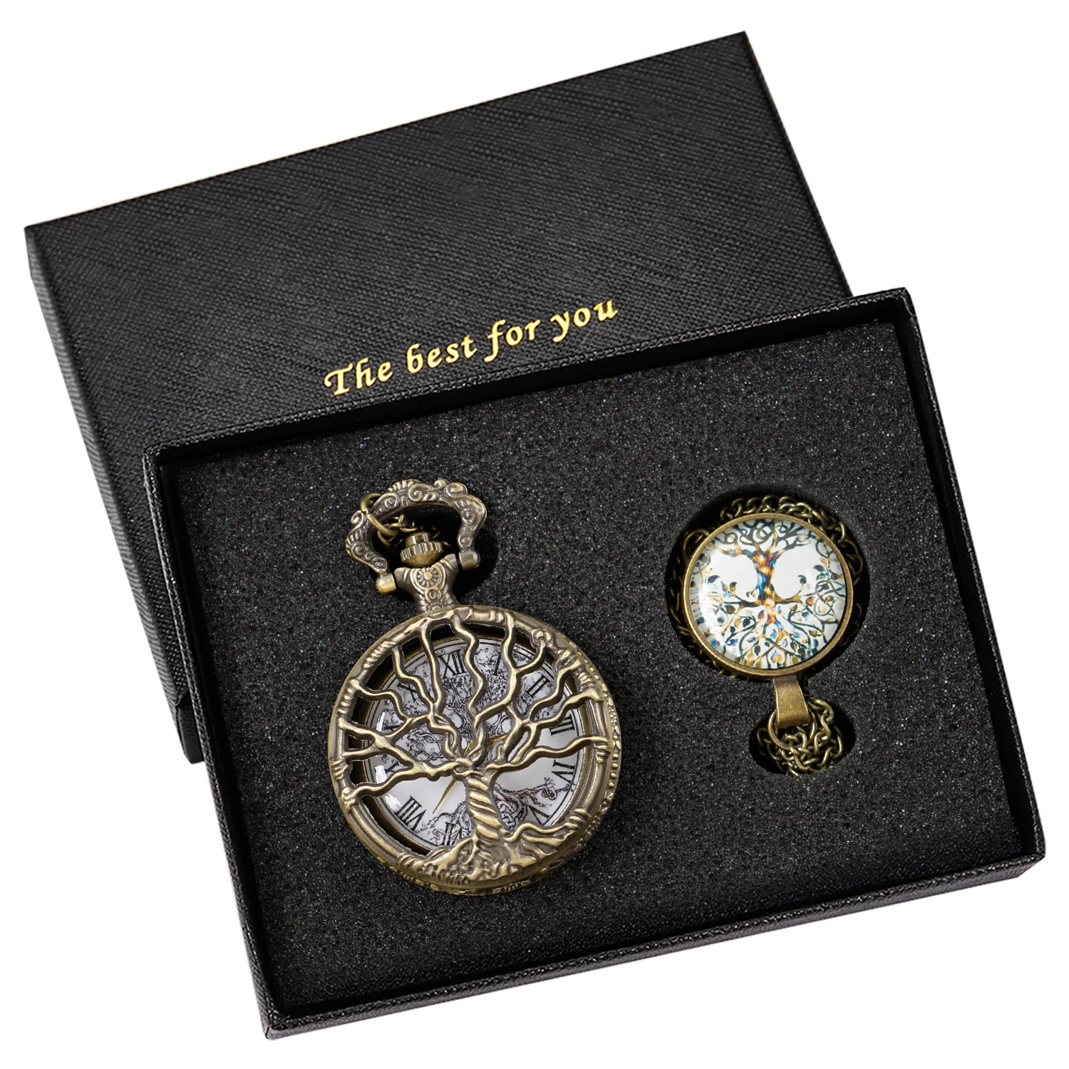 Steampunk Retro Bronze Hollow Tree of Life Quartz Pocket Watch with Fob Women's Watch Pendant Necklace Chain Men's Gift CF1088