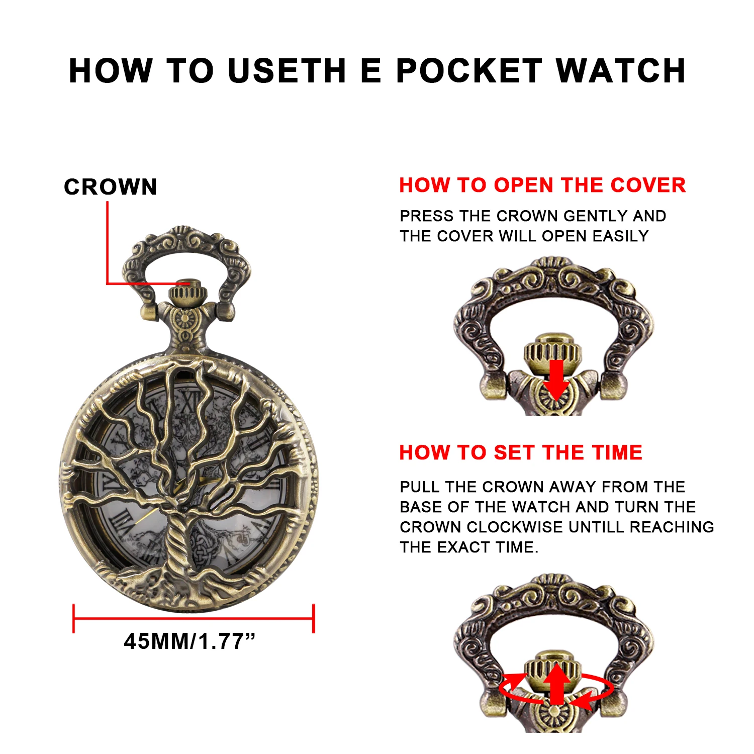 Steampunk Retro Bronze Hollow Tree of Life Quartz Pocket Watch with Fob Women's Watch Pendant Necklace Chain Men's Gift CF1088