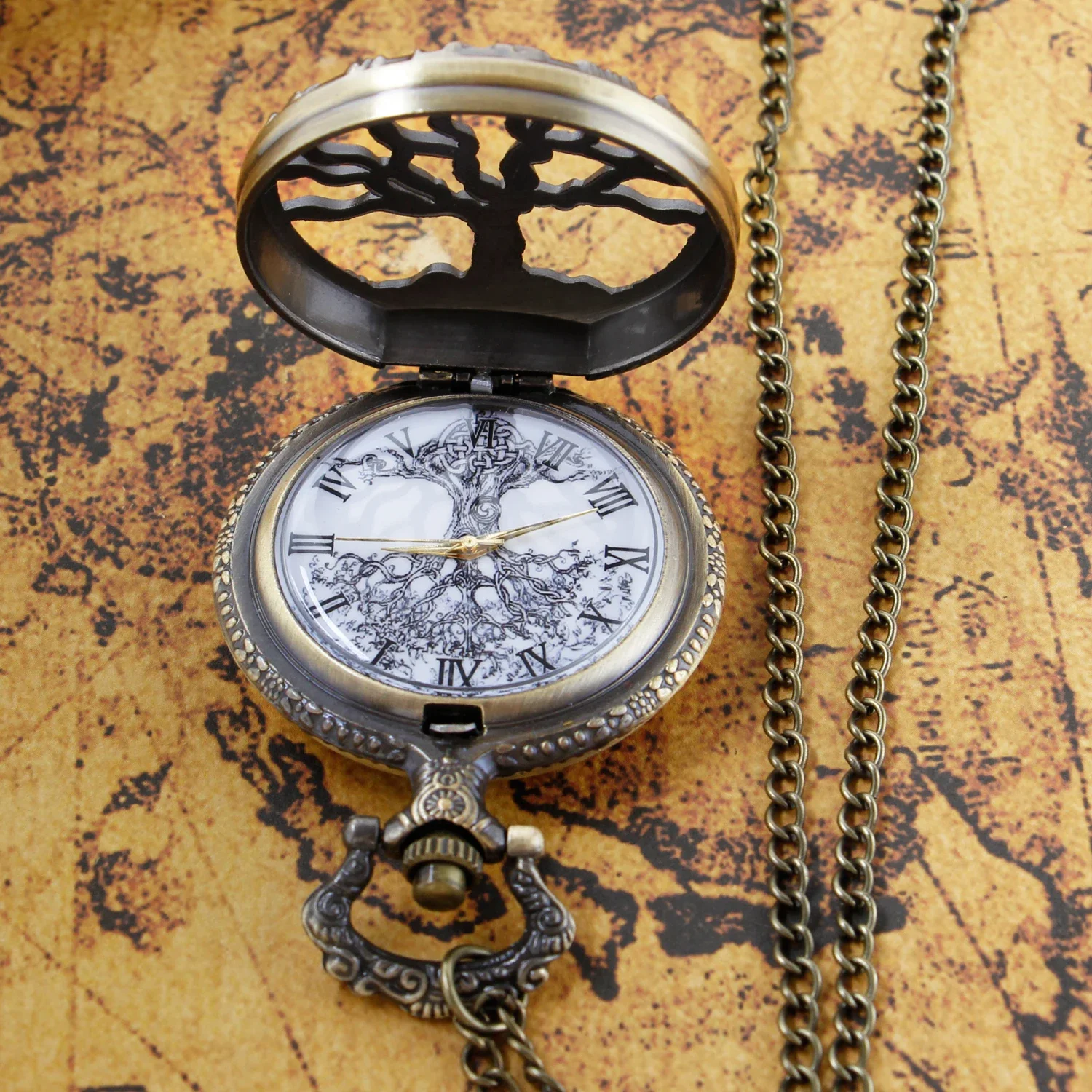 Steampunk Retro Bronze Hollow Tree of Life Quartz Pocket Watch with Fob Women's Watch Pendant Necklace Chain Men's Gift CF1088