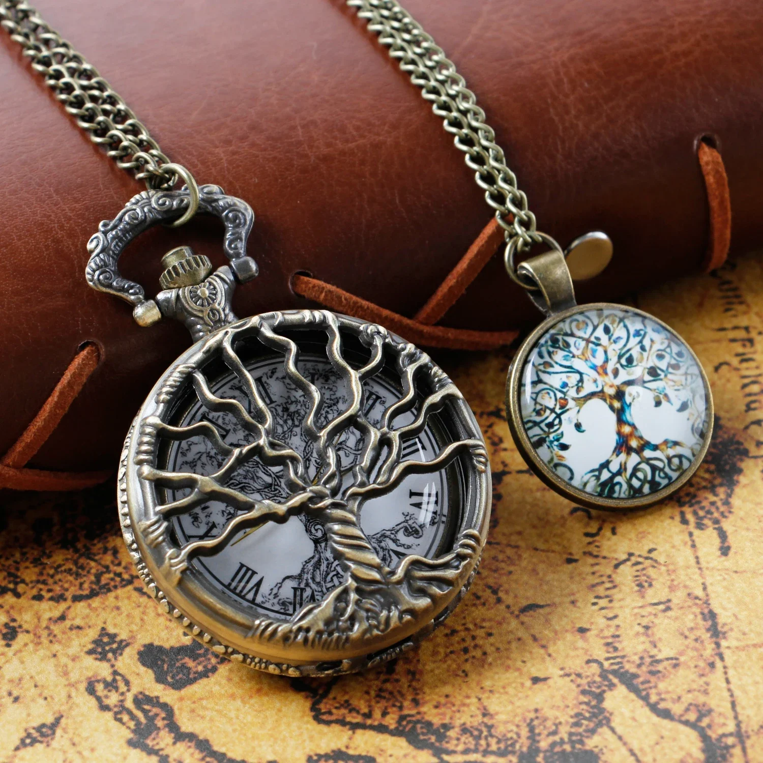 Steampunk Retro Bronze Hollow Tree of Life Quartz Pocket Watch with Fob Women's Watch Pendant Necklace Chain Men's Gift CF1088