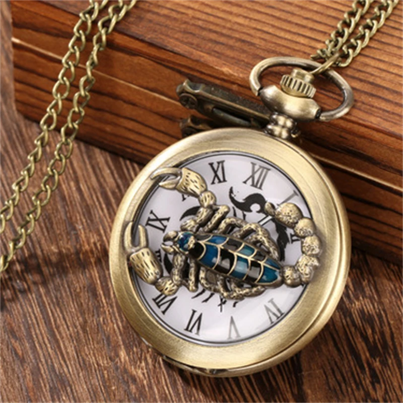 Scorpion Carved Retro Roman Numerals Unisex Quartz Pocket Watch Necklace Watch Pendant Pocket Watch