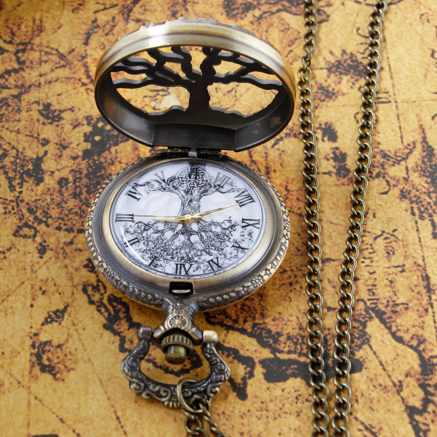 Steampunk Retro Bronze Hollow Tree of Life Quartz Pocket Watch With Fob Chain Women Watch Pendant Necklace Chain Men Gift CF1088
