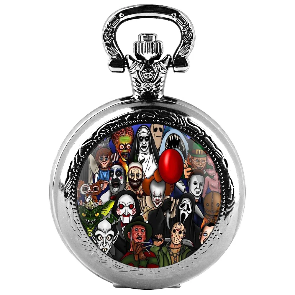 Creative Halloween Gift Joker Dome Quartz Pocket Watch Classic Arabic Numeral Dial with Silver Chain for Men Woman Pendant Gift