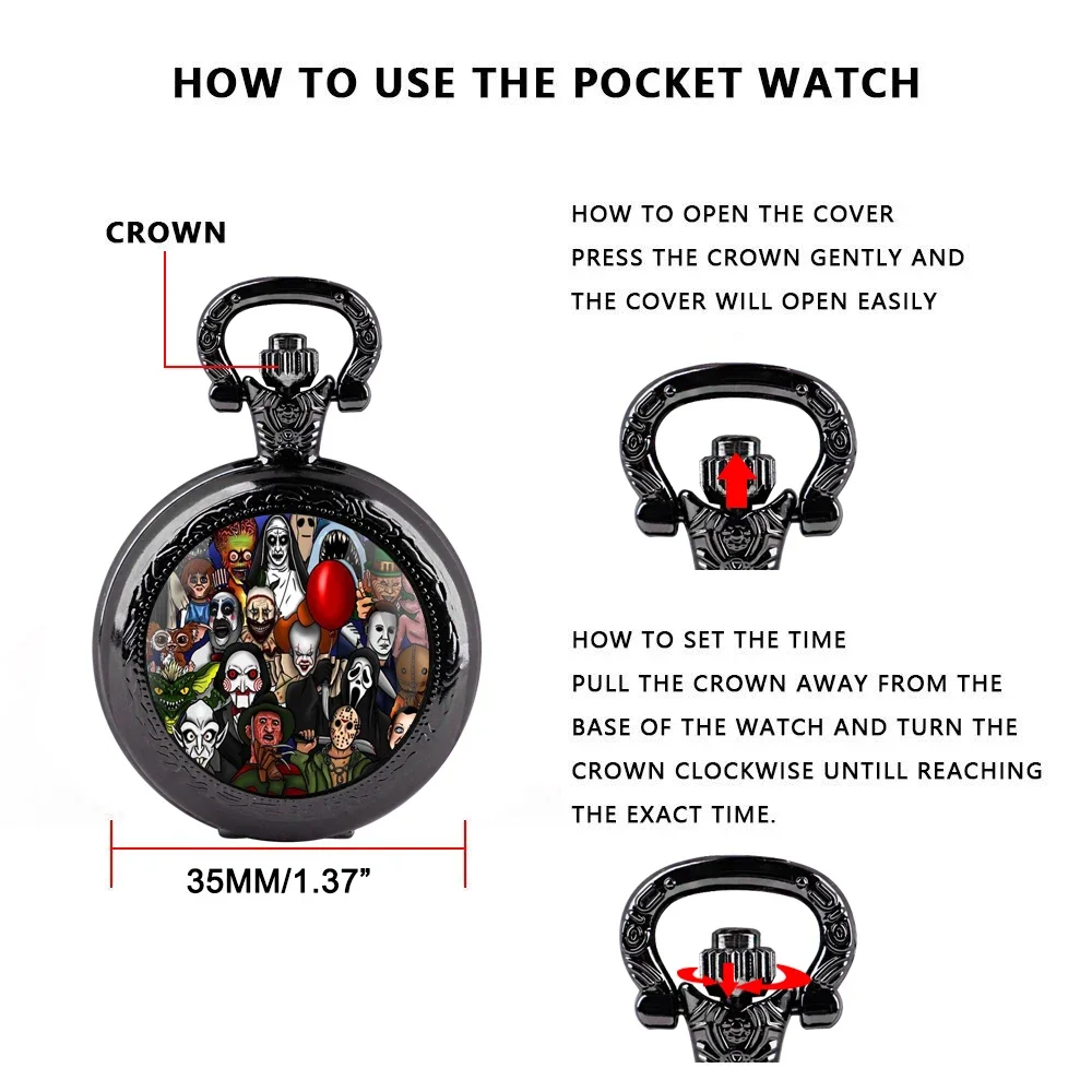 Creative Halloween Gift Joker Dome Quartz Pocket Watch Classic Arabic Numeral Dial with Silver Chain for Men Woman Pendant Gift