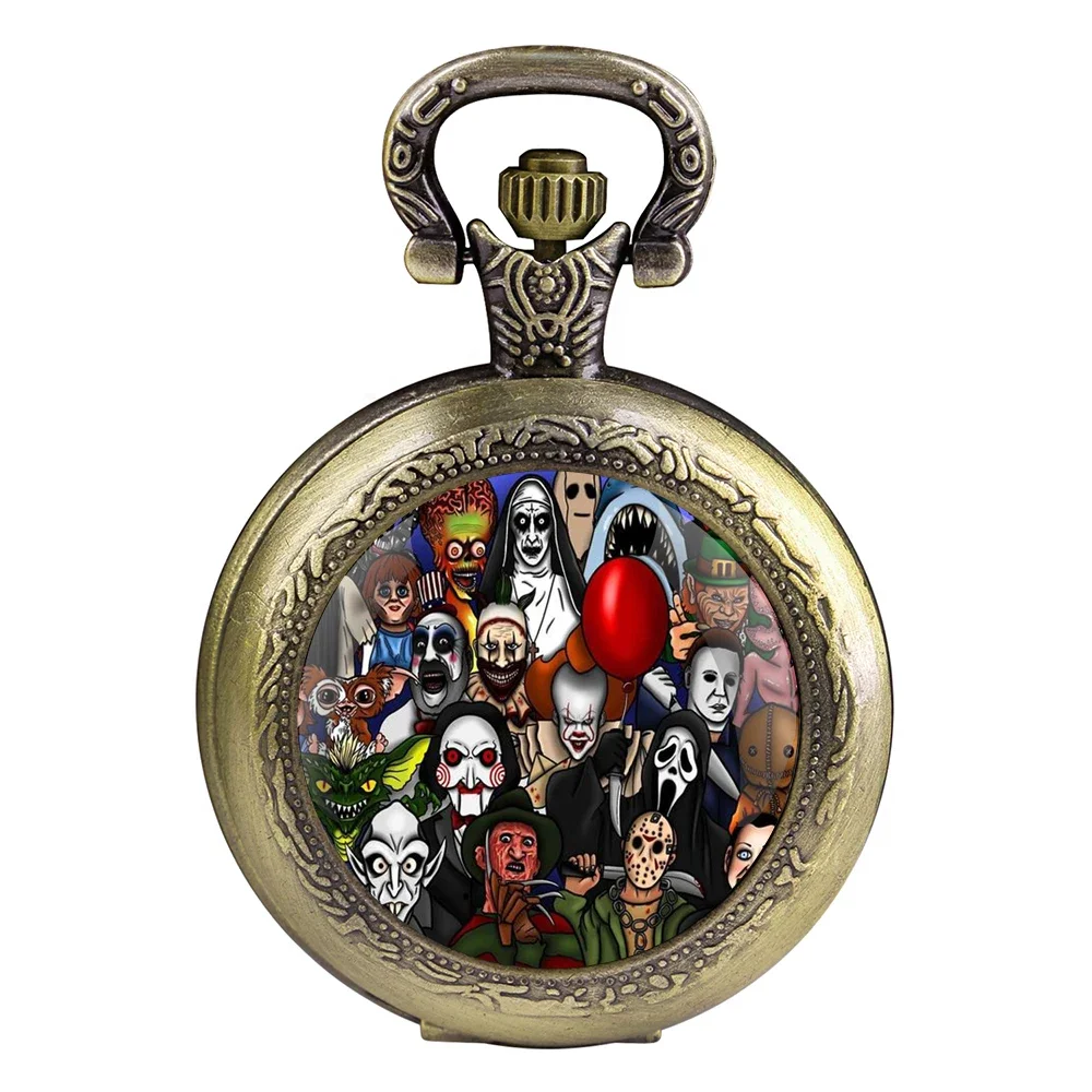 Creative Halloween Gift Joker Dome Quartz Pocket Watch Classic Arabic Numeral Dial with Silver Chain for Men Woman Pendant Gift