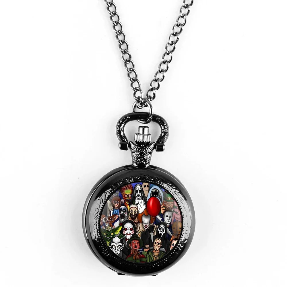 Creative Halloween Gift Joker Dome Quartz Pocket Watch Classic Arabic Numeral Dial with Silver Chain for Men Woman Pendant Gift