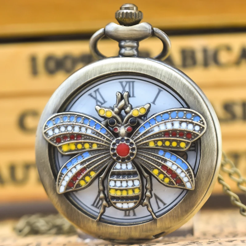 Vintage Cutout Clamshell Bronze Insect 3D Carved Fashion Necklace Quartz Pocket Watch Roman Literal Jewelry Gift