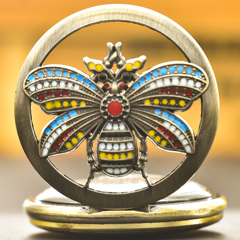Vintage Cutout Clamshell Bronze Insect 3D Carved Fashion Necklace Quartz Pocket Watch Roman Literal Jewelry Gift