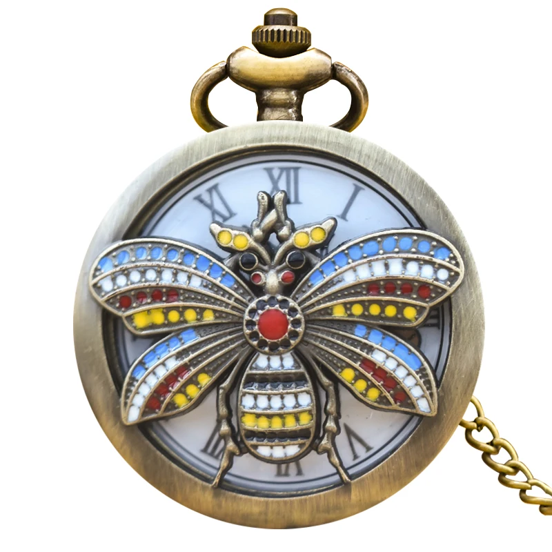 Vintage Cutout Clamshell Bronze Insect 3D Carved Fashion Necklace Quartz Pocket Watch Roman Literal Jewelry Gift